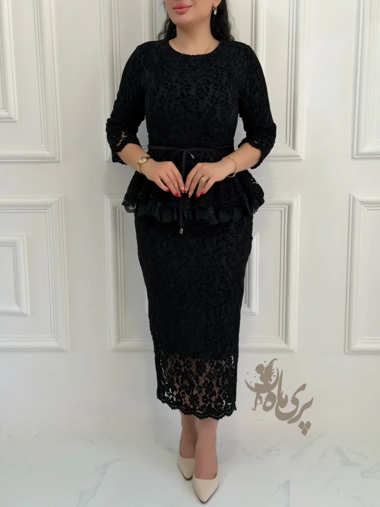 👗 پیراهن تمام دانتل آستین‌دار کمرچین